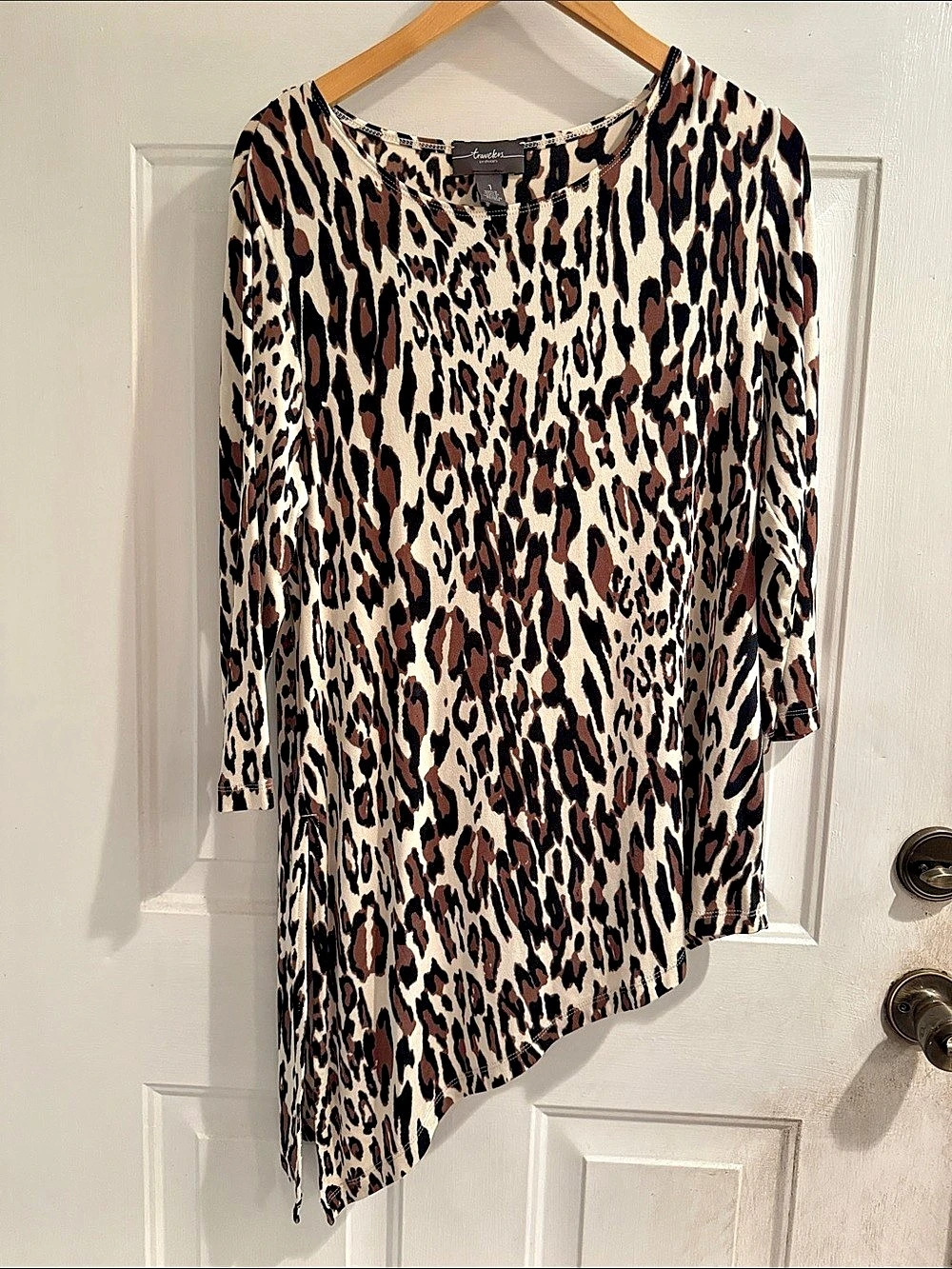 Travelers by Chico's Animal Print Asymmetrical Tunic Brown Cream Size 1 Like New